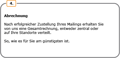 Abrechnung. Nach erfolgreicher Zustellung Ihres Mailings erhalten Sie von uns eine Gesamtrechnung, entweder zentral oder auf Ihre Standorte verteilt. So, wie es für Sie am günstigsten ist.